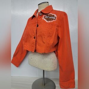 Orange Fringe & Lace Jean Jacket / Embroidery & Harley Davidson Patch Upcycled